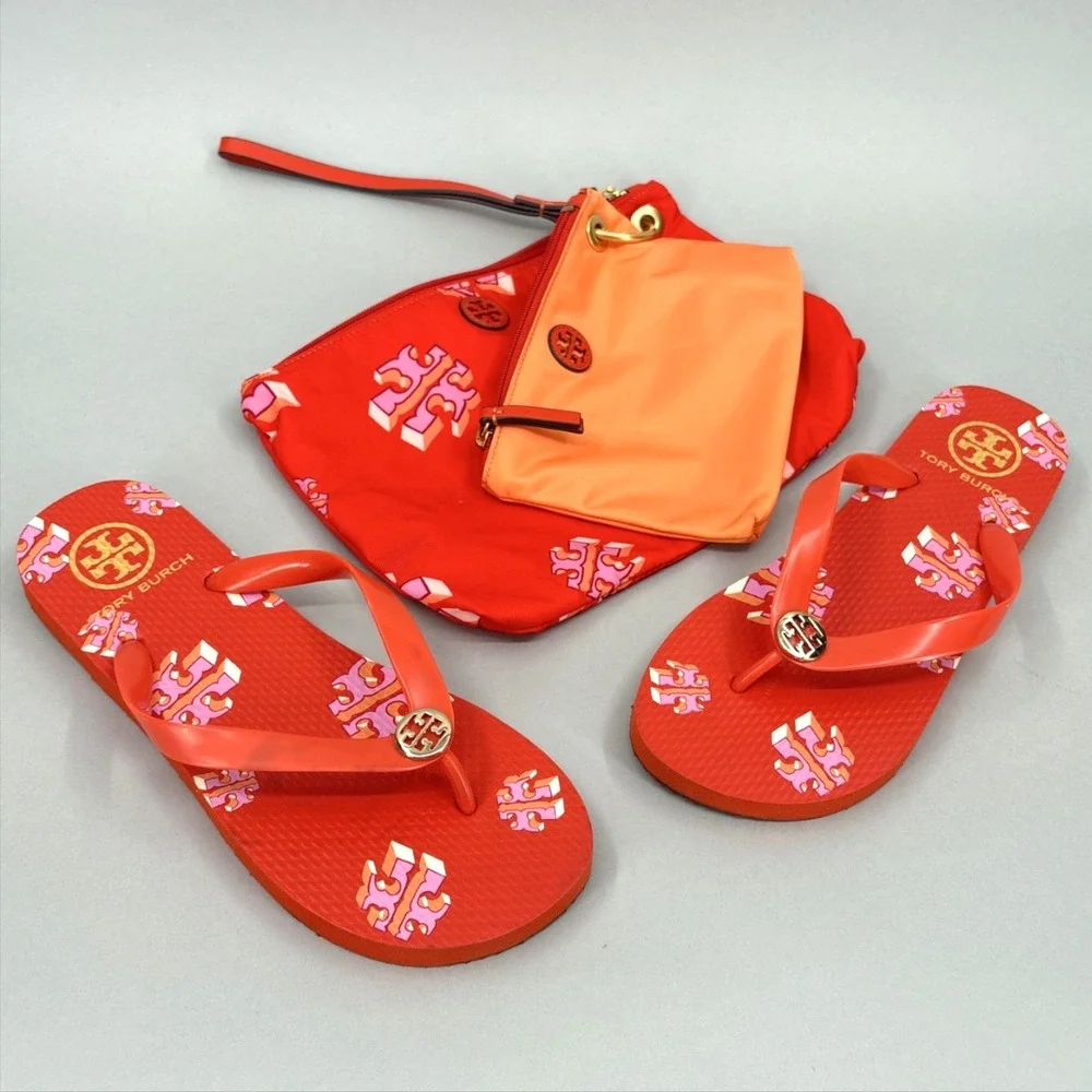 Tory Burch Clutch Bag Sandals Womens Size 8 Red Nylon Logo Beach Wristlet Set